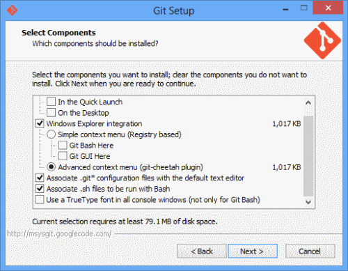 Select the Git components to install
