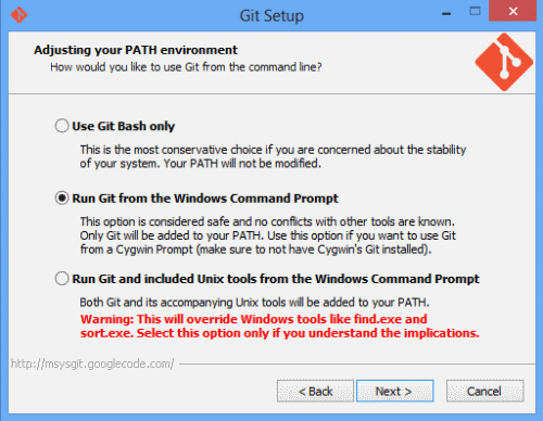 Set your path to run Git from the Windows command prompt
